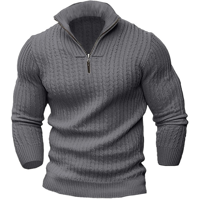Herren Strickshirt mit Half-Zip-Kragen und Strukturmuster - grau