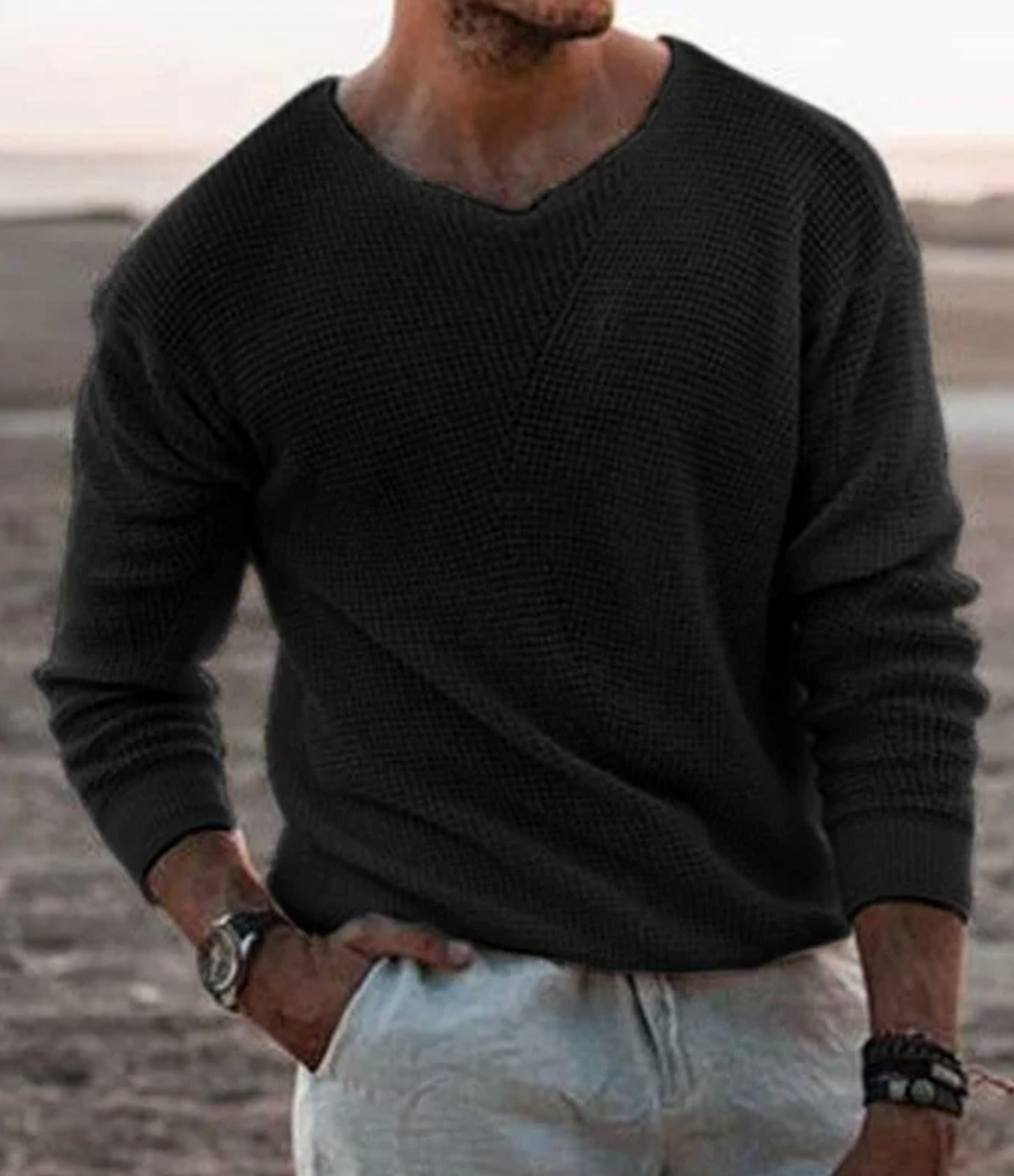 Herren Pullover aus Strick mit V-Ausschnitt - schwarz