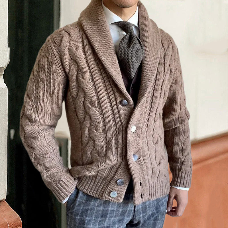 Herren Cardigan mit Zopfdesign und Kragen - khaki