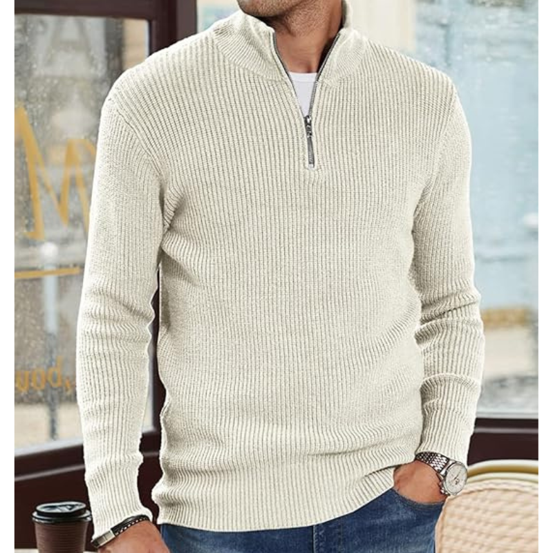 Herren Strickpullover mit Halbreißverschluss - weiß