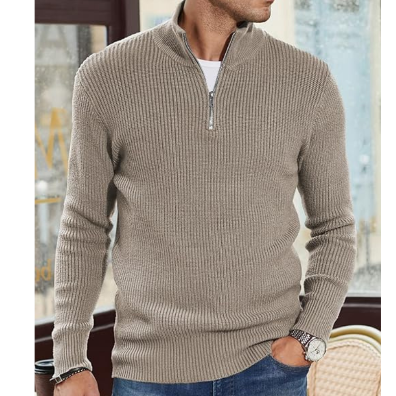 Herren Strickpullover mit Halbreißverschluss - khaki