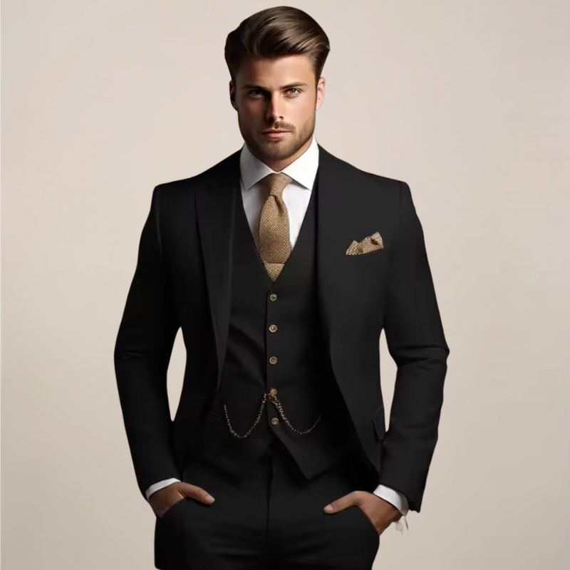 Herren Set Dreiteiliger Slim Fit Anzug - schwarz