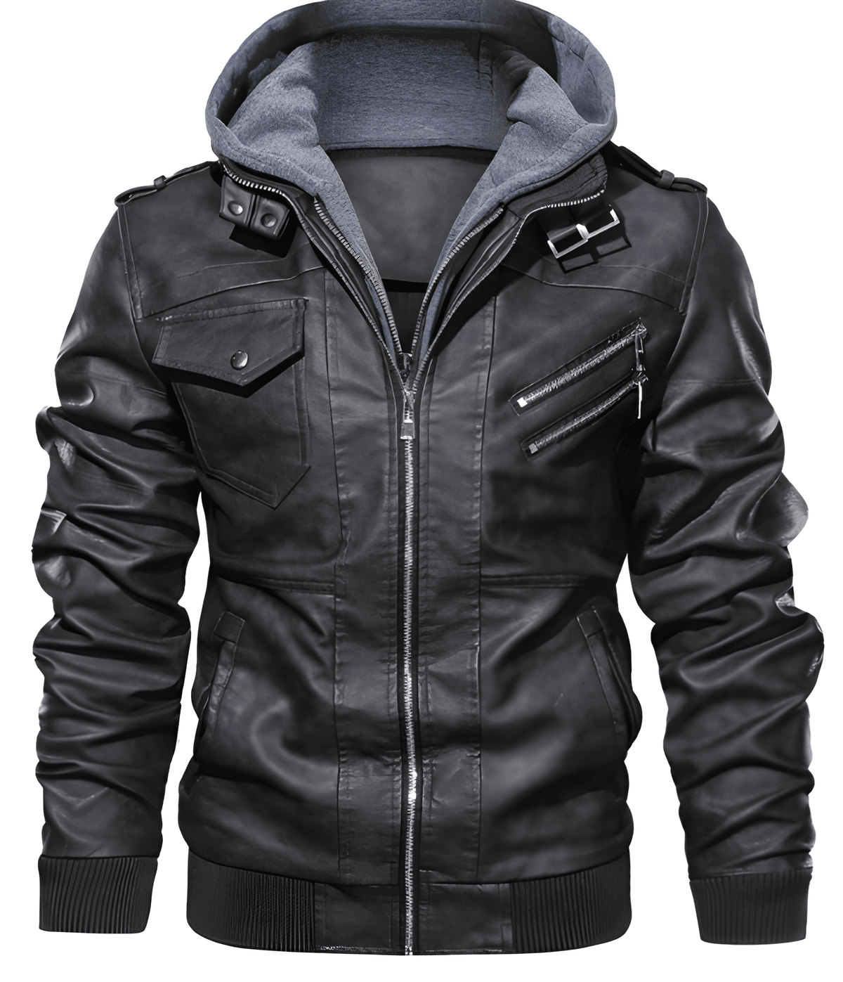 Herren Motorradjacke aus PU-Leder mit Kapuze - schwarz