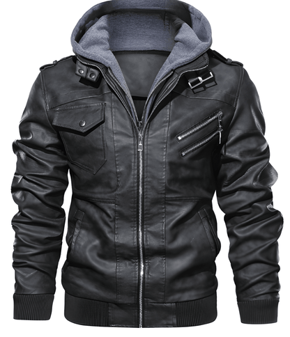 Herren Motorradjacke aus PU-Leder mit Kapuze - schwarz
