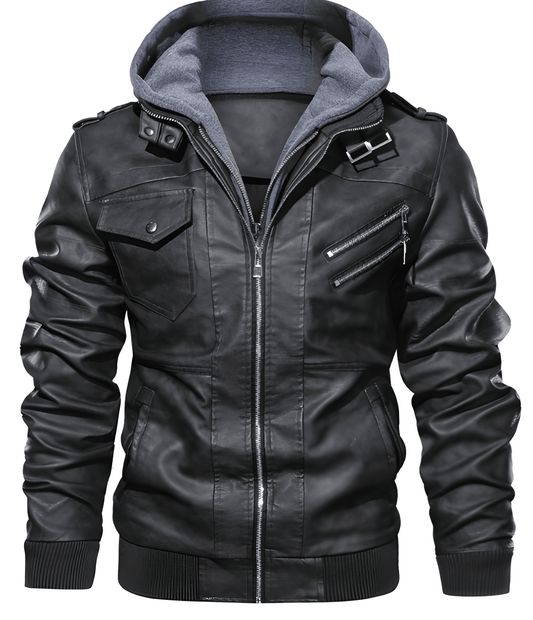 Herren Motorradjacke aus PU-Leder mit Kapuze - schwarz