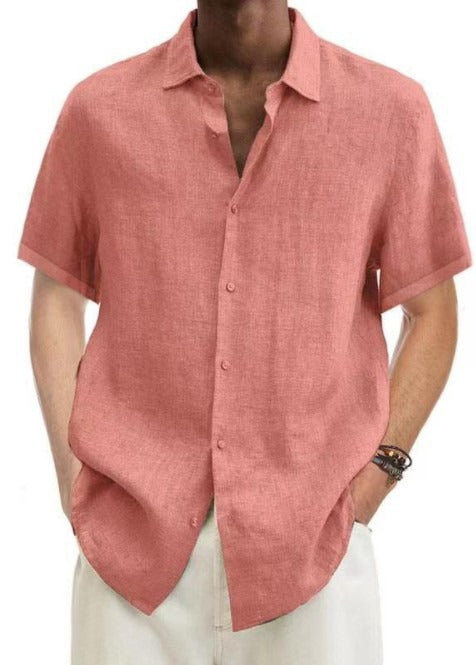 Herren Leinenhemd mit kurzen Ärmeln und Streifen - rosa-rot