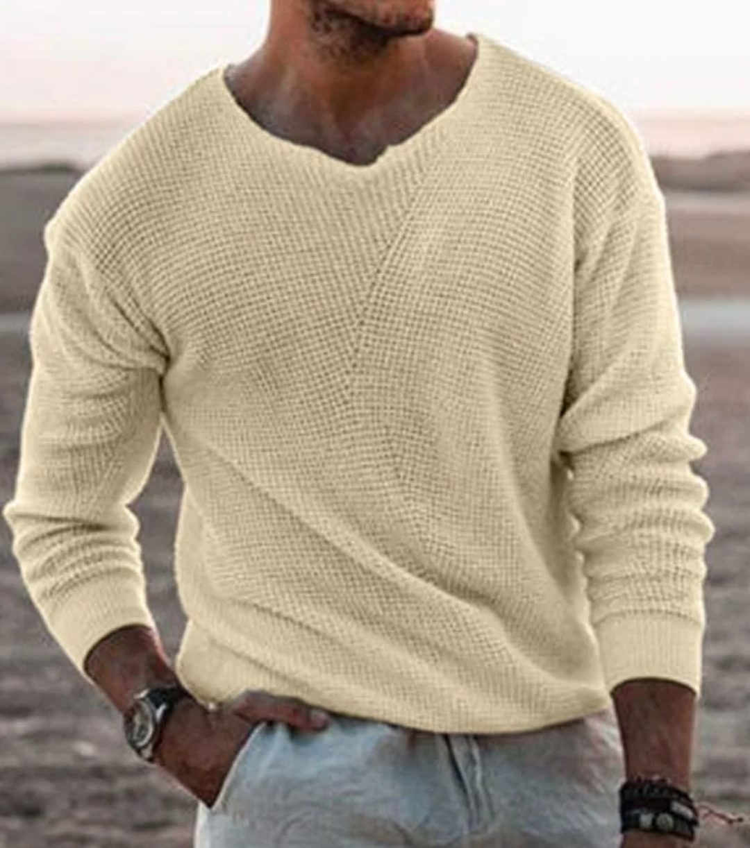 Herren Pullover aus Strick mit V-Ausschnitt - beige