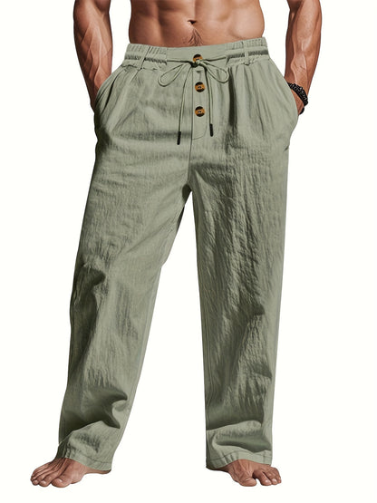 Herren Leinenhose mit Kordelzug und mehreren Knöpfen - grün