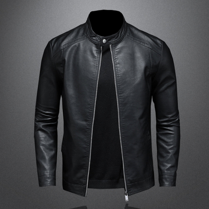 Herren Lederjacke im schmalen Biker-Schnitt mit Stehkragen - schwarz