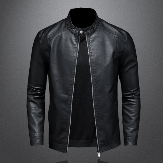 Herren Lederjacke im schmalen Biker-Schnitt mit Stehkragen - schwarz
