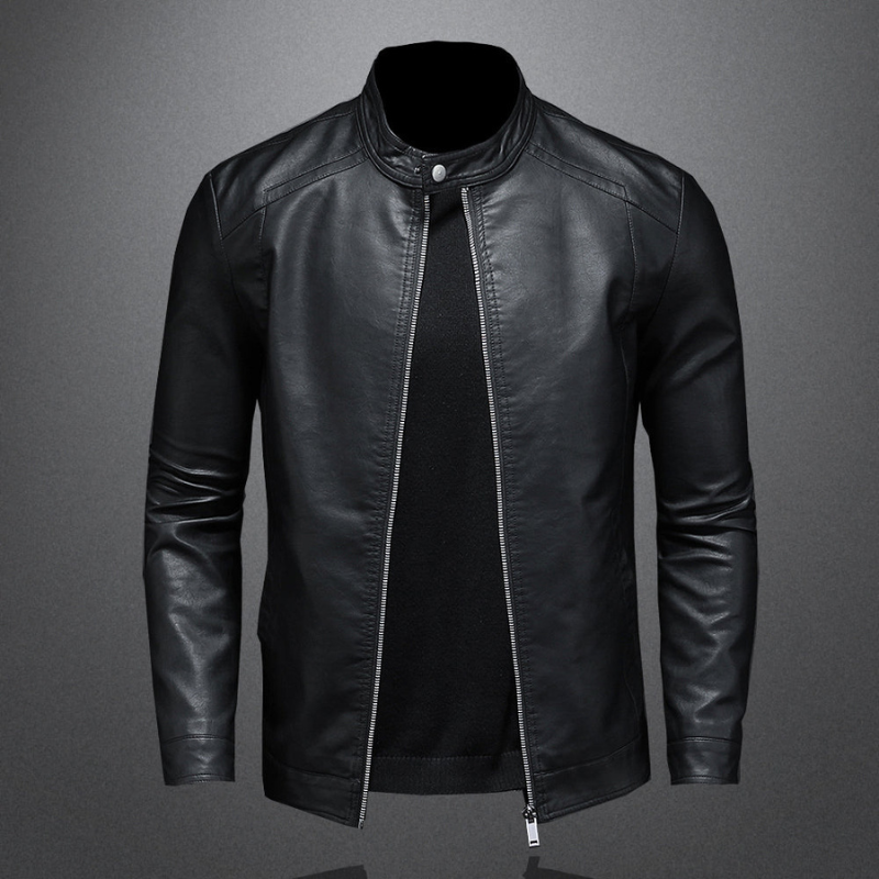 Herren Lederjacke im schmalen Biker-Schnitt mit Stehkragen - schwarz