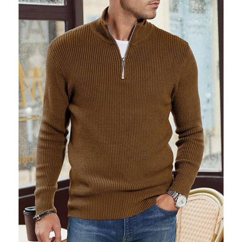 Herren Strickpullover mit Halbreißverschluss - braun