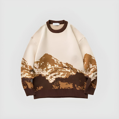 Herren Rundhals Pullover mit Bergmotiv - braun