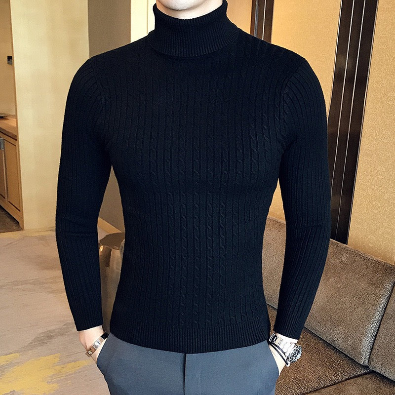 Herren Rollkragenpullover aus Strick mit Zopfmuster - schwarz