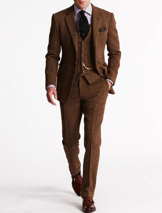 Herren Dreiteiler Anzug mit Weste und Hose - braun