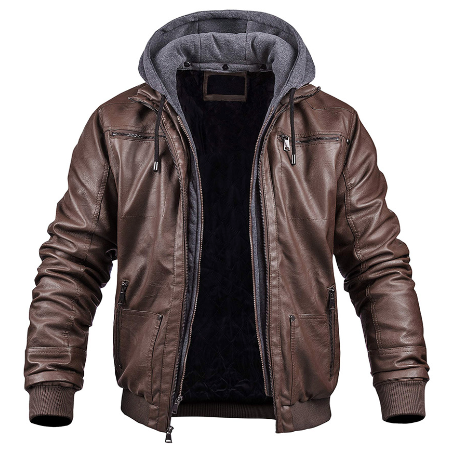 Herren Motorradjacke aus PU-Leder mit Kapuze