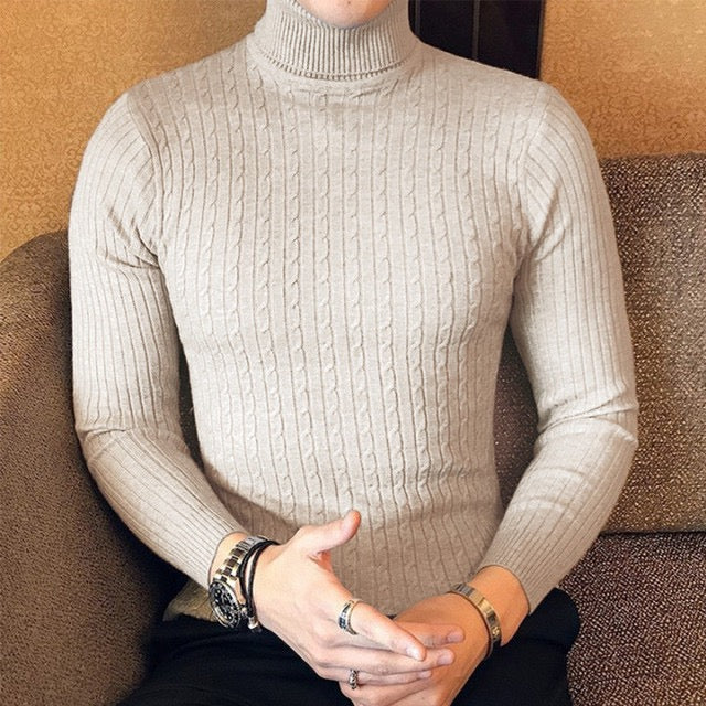 Herren Rollkragenpullover aus Strick mit Zopfmuster - beige