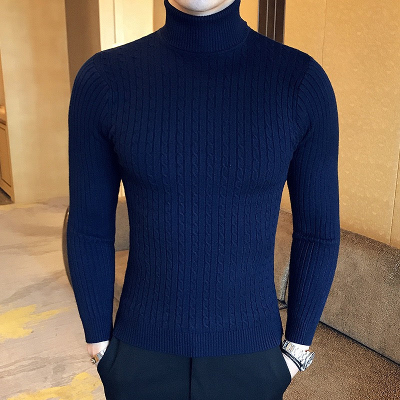Herren Rollkragenpullover aus Strick mit Zopfmuster - blau
