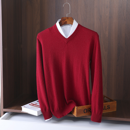 Herren Kaschmirpullover in schlichter Strickoptik - rot - v-ausschnitt