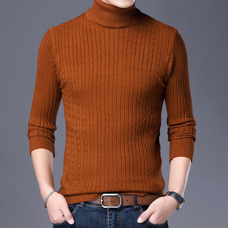 Herren Rollkragenpullover aus Strick mit Zopfmuster - braun