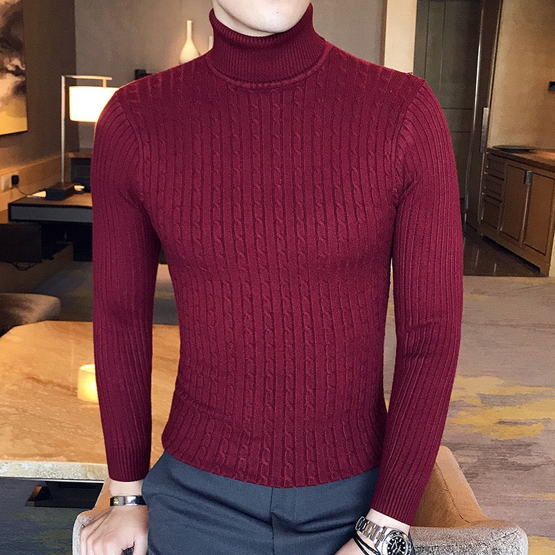 Herren Rollkragenpullover aus Strick mit Zopfmuster - burgunderrot