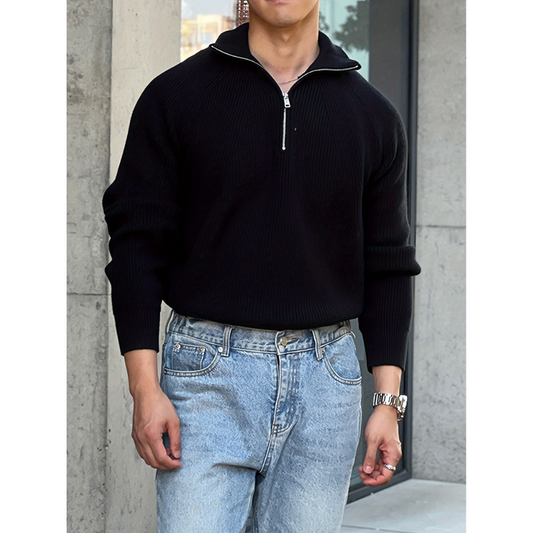 Herren Strickpullover mit Reißverschluss am Kragen - schwarz 1