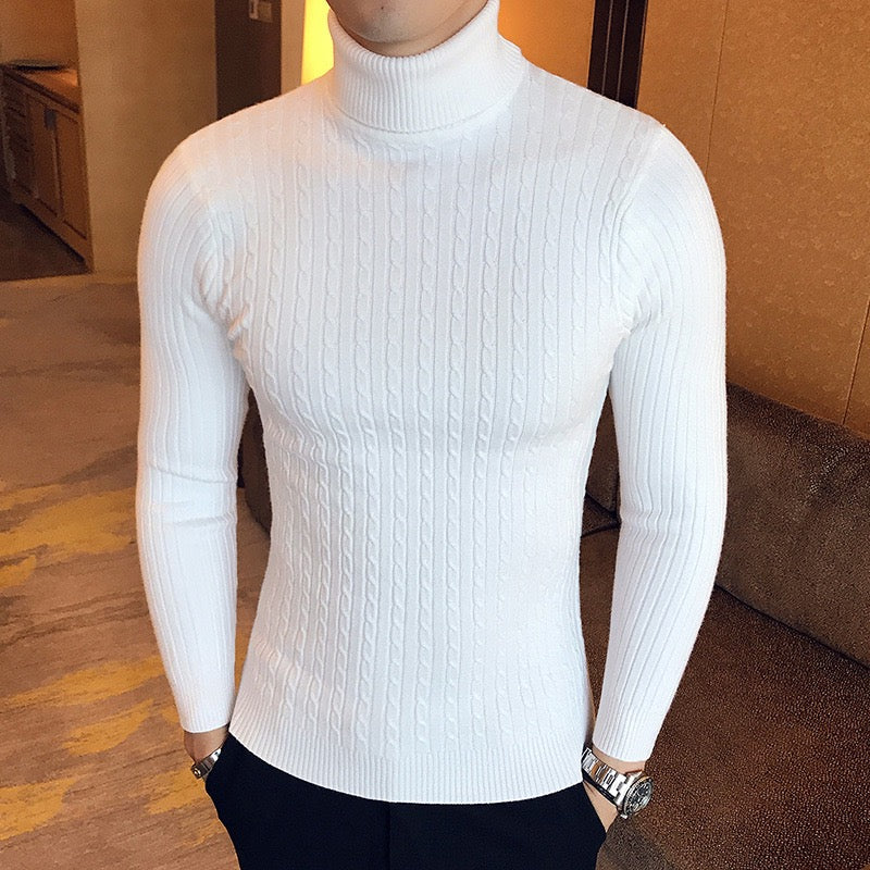 Herren Rollkragenpullover aus Strick mit Zopfmuster - weiß