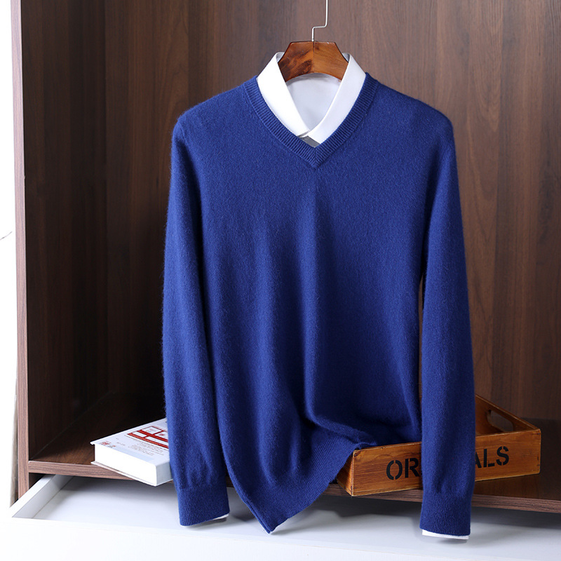 Herren Kaschmirpullover in schlichter Strickoptik - dunkelblau - v-ausschnitt
