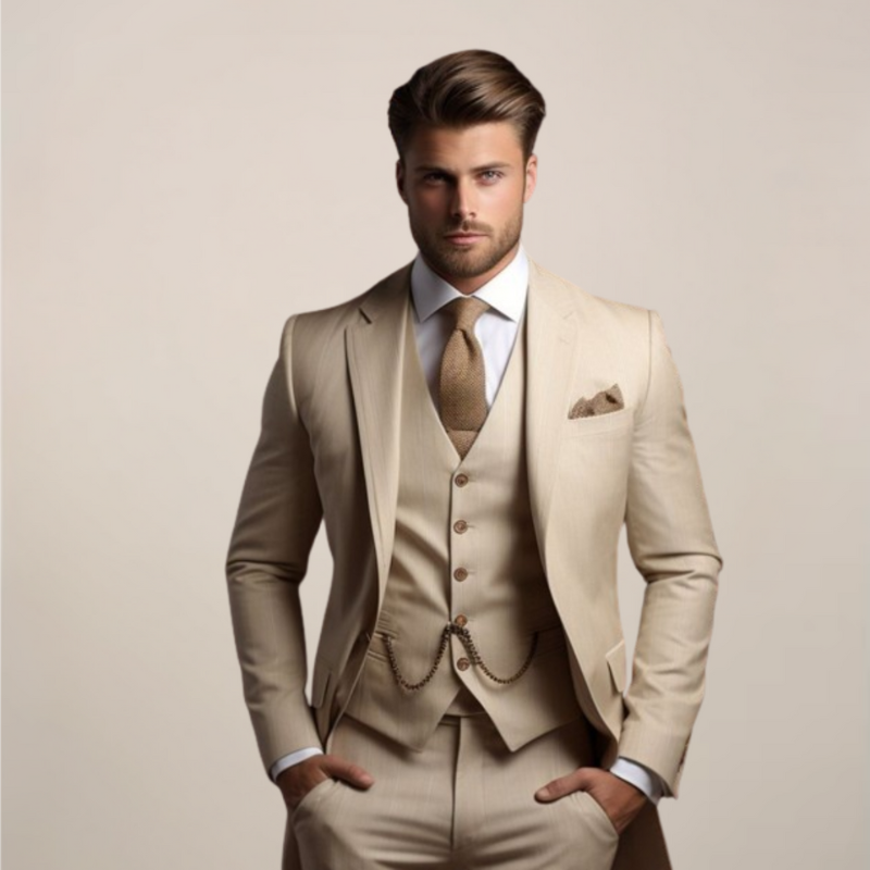 Herren Set Dreiteiliger Slim Fit Anzug - beige