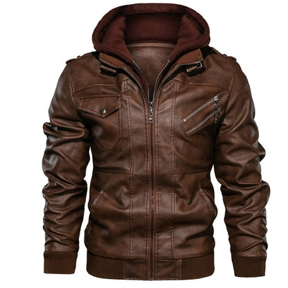 Herren Motorradjacke aus PU-Leder mit Kapuze - dunkel braun