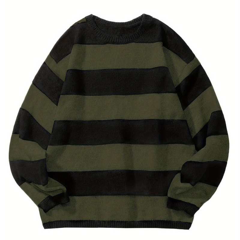 Herren Pullover mit Retro Streifen und Rundhals - armee-grün