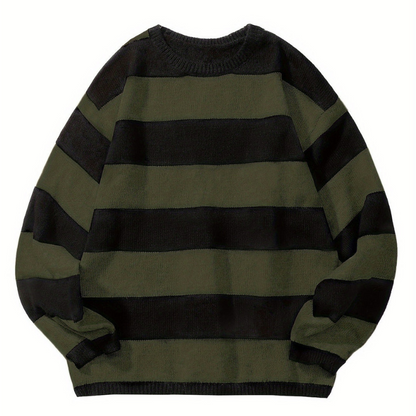 Herren Pullover mit Retro Streifen und Rundhals - armee-grün