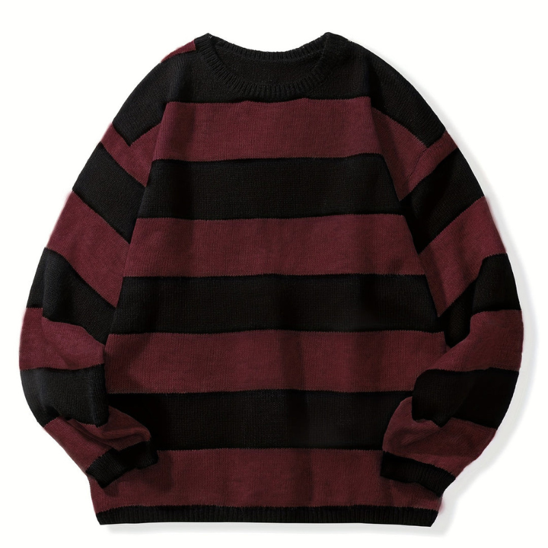 Herren Pullover mit Retro Streifen und Rundhals - rot