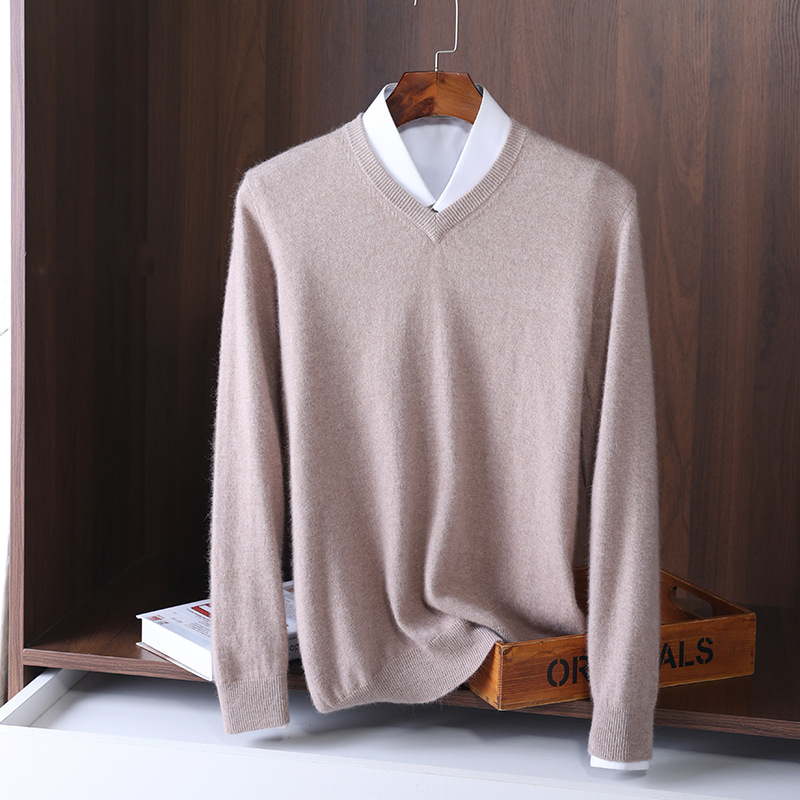 Herren Kaschmirpullover in schlichter Strickoptik - beige - v-ausschnitt