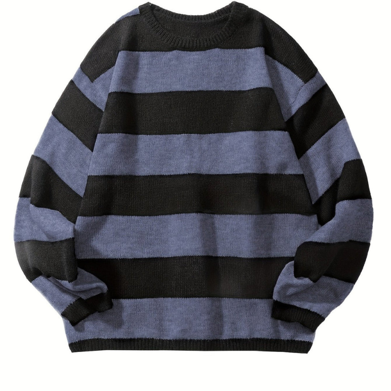 Herren Pullover mit Retro Streifen und Rundhals - stahl-blau
