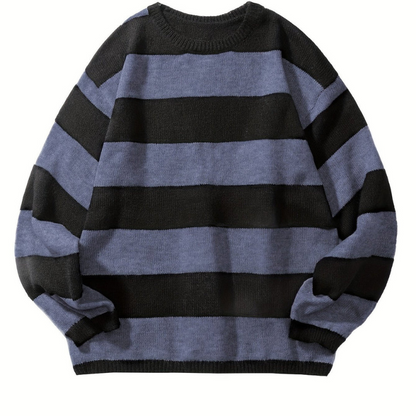 Herren Pullover mit Retro Streifen und Rundhals - stahl-blau