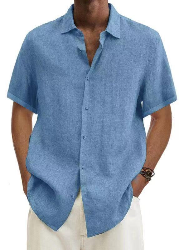 Herren Leinenhemd mit kurzen Ärmeln und Streifen - blau