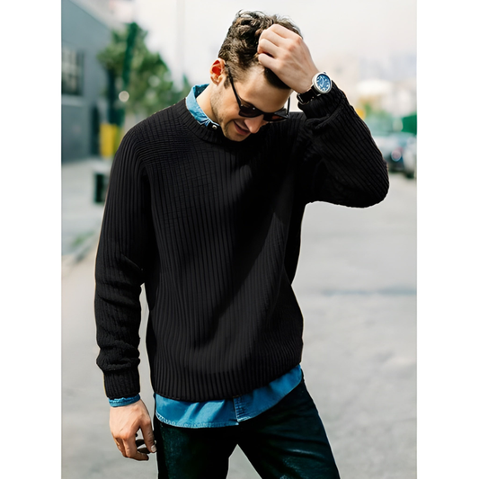 Herren Pullover aus gerippter Strickware - schwarz