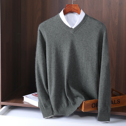 Herren Kaschmirpullover in schlichter Strickoptik - grau - v-ausschnitt