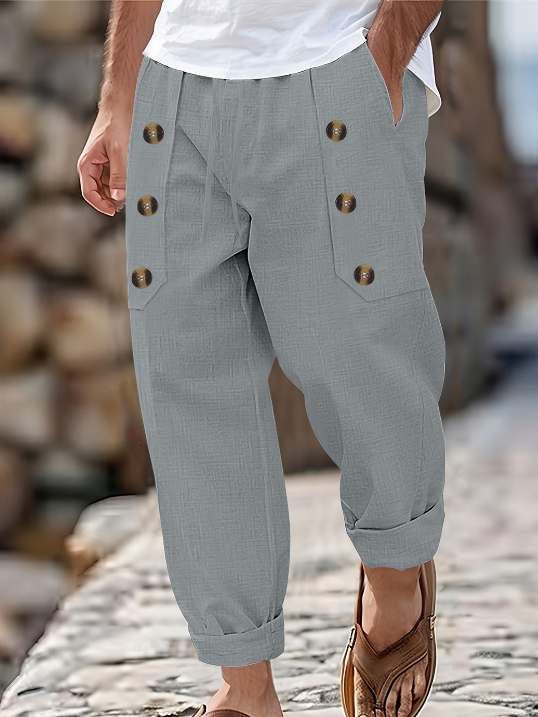 Herren Hose im Tapered Schnitt mit Knöpfen - grau