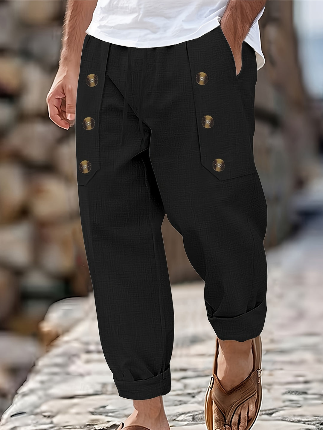 Herren Hose im Tapered Schnitt mit Knöpfen - schwarz