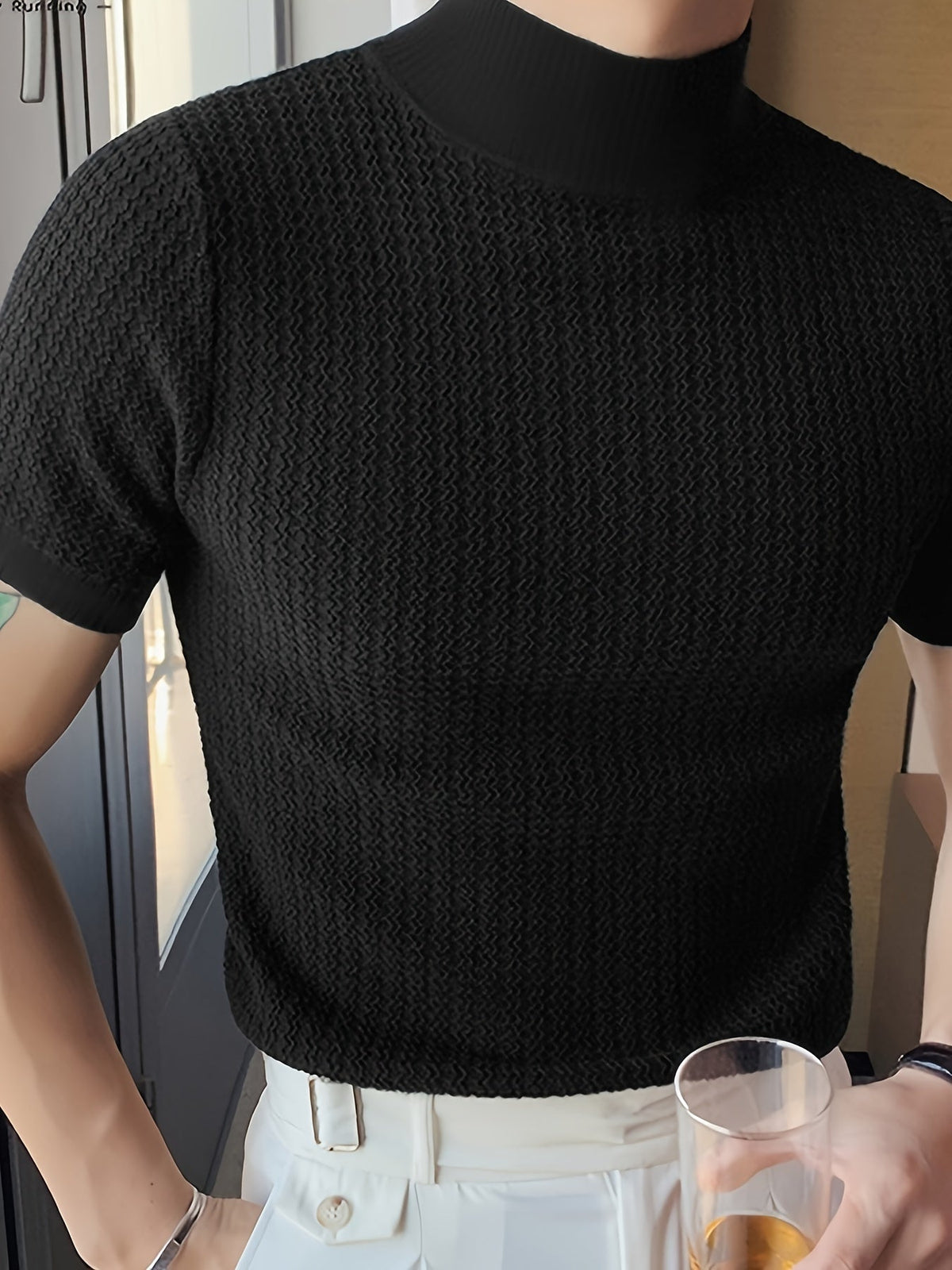 Herren Strickshirt im Slim Fit mit Strukturdesign - schwarz