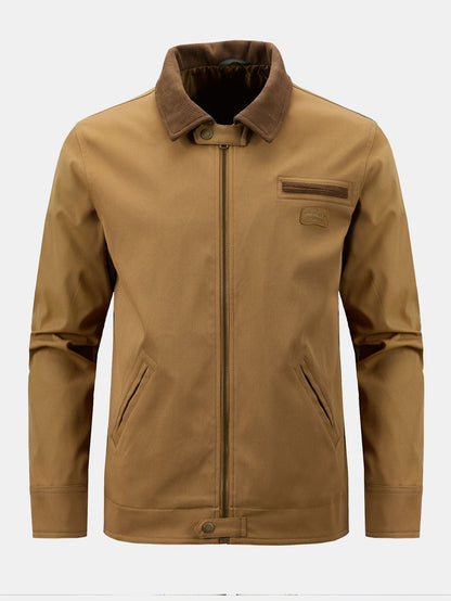 Herren Baumwoll-Reißverschluss-Jacke mit Kord-Kragen – Klassische Regu - Braun
