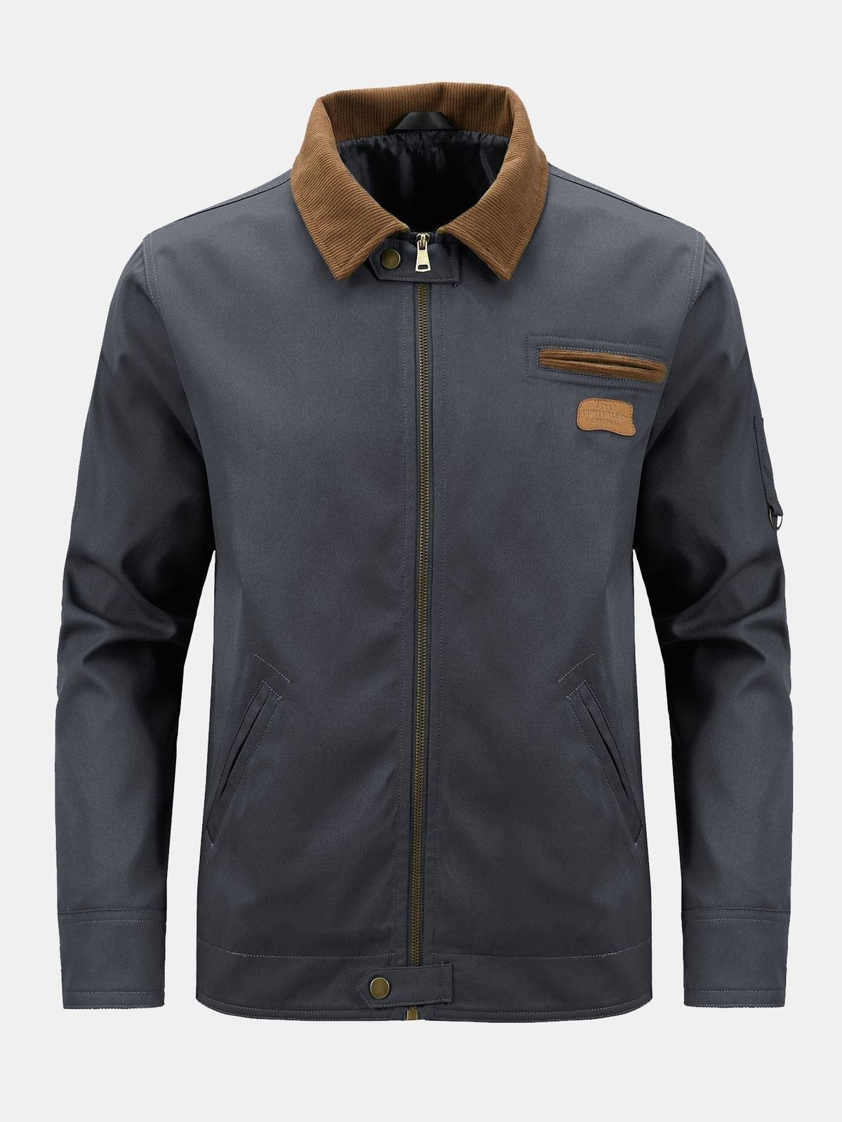 Herren Baumwoll-Reißverschluss-Jacke mit Kord-Kragen – Klassische Regu - Dunkelgrau