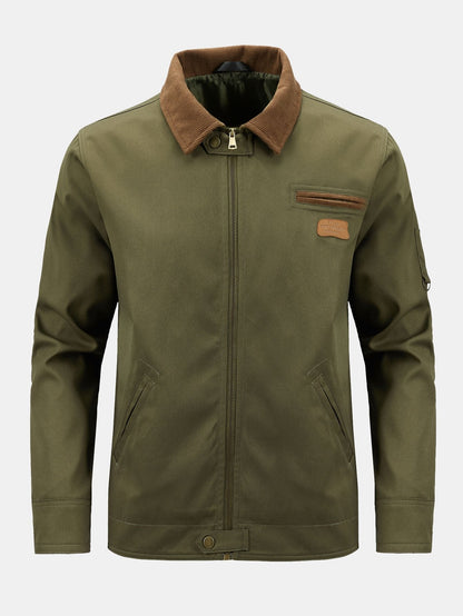 Herren Baumwoll-Reißverschluss-Jacke mit Kord-Kragen – Klassische Regu - Olivgrün