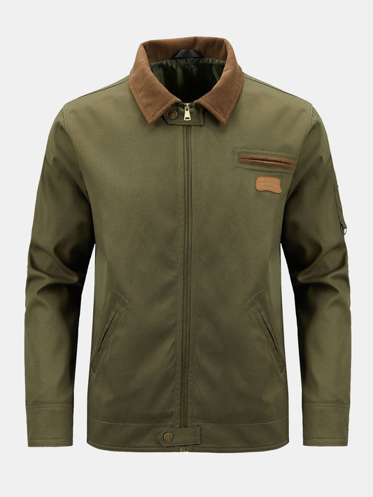 Herren Baumwoll-Reißverschluss-Jacke mit Kord-Kragen – Klassische Regu - Olivgrün
