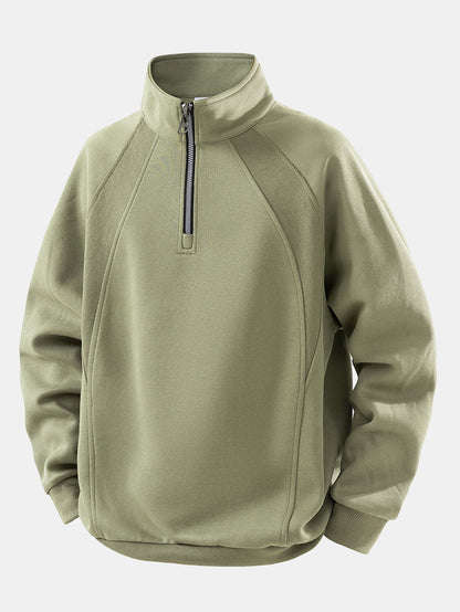 Herren Baumwollmischung Viertel-Reißverschluss Sweatshirt in olivgrün, Entspannte