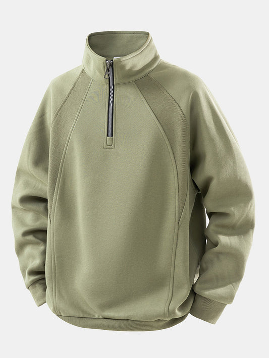 Herren Baumwollmischung Viertel-Reißverschluss Sweatshirt in olivgrün, Entspannte