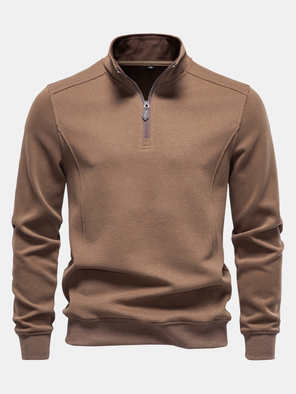 Herren Baumwollmischung Viertel-Reißverschluss Sweatshirt in braun, Stehkragen