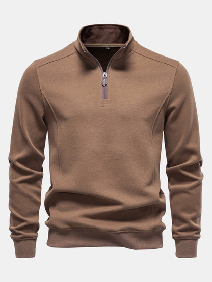 Herren Baumwollmischung Viertel-Reißverschluss Sweatshirt in braun, Stehkragen